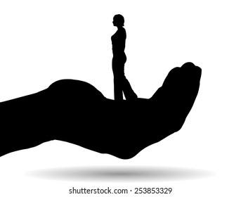 Vector silhouette of a woman on palm on white background.
