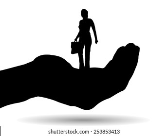 Vector silhouette of a woman on palm on white background.