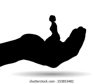 Vector silhouette of a woman on palm on white background.