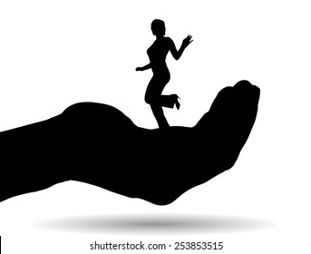 Vector silhouette of a woman on palm on white background.
