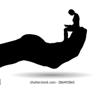 Vector silhouette of a woman on palm on white background.