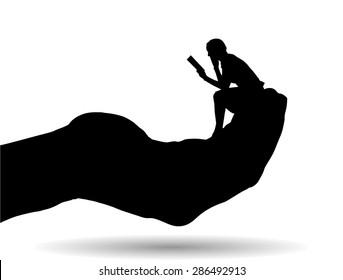 Vector silhouette of a woman on palm on white background.