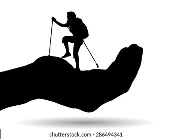 Vector silhouette of a woman on palm on white background.
