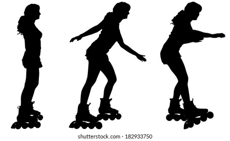 Vector silhouette of a woman on roller skates on white background.