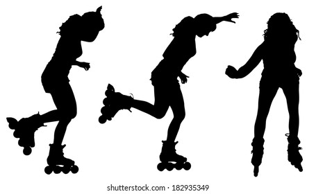 Vector silhouette of a woman on roller skates on white background.