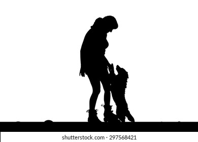 Vector silhouette of a woman on rollerblades with his dog.