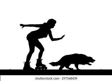 Vector silhouette of a woman on rollerblades with his dog.