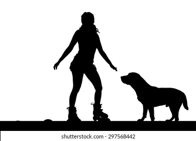 Vector silhouette of a woman on rollerblades with his dog.