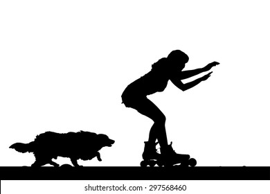 Vector silhouette of a woman on rollerblades with his dog.