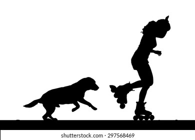 Vector silhouette of a woman on rollerblades with his dog.