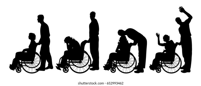 Vector silhouette of woman on wheelchair on white background.