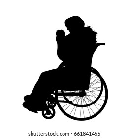 Vector silhouette of woman on wheelchair on white background.