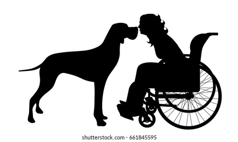 Vector silhouette of woman on wheelchair on white background.