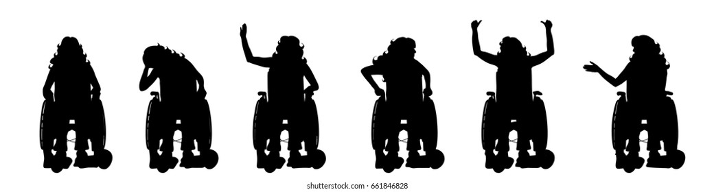 Vector silhouette of woman on wheelchair on white background.
