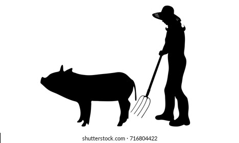 Vector silhouette of woman with pig in white background.