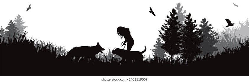 Vector silhouette of woman playing with her dogs in park. Symbol of nature and pet.