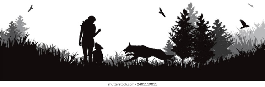 Vector silhouette of woman playing with her dogs in park. Symbol of nature and pet.