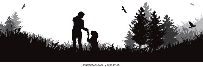 Vector silhouette of woman playing with her dog in park. Symbol of nature and pet.