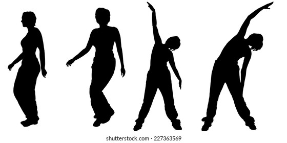 Vector silhouette of woman practicing on a white background.