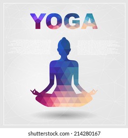vector silhouette of woman practicing yoga with place for text and triangle. eps10