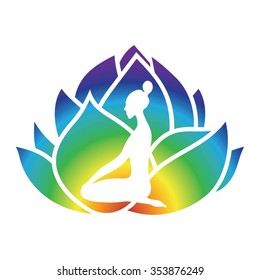 vector silhouette of woman practicing yoga on gradient colored lotus background