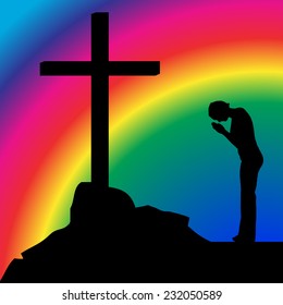 Vector silhouette of a woman praying at the cross.
