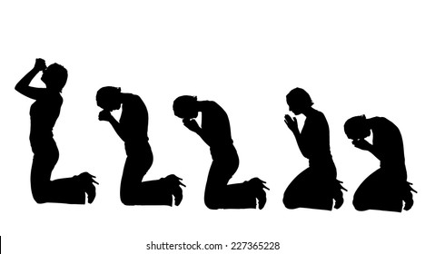 Vector silhouette of a woman praying on white background.