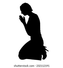 Vector silhouette of a woman praying on a white background.