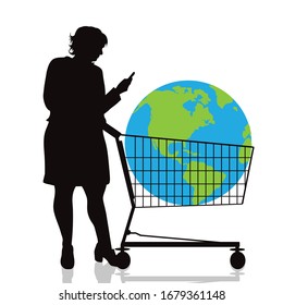 Vector silhouette of woman push shopping cart who buy planet on white background. Symbol of shop accessories and environmental.