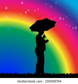 Vector silhouette of a woman in the rain on a rainbow background.