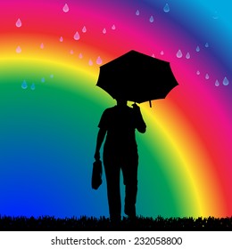 Vector silhouette of a woman in the rain on a rainbow background.