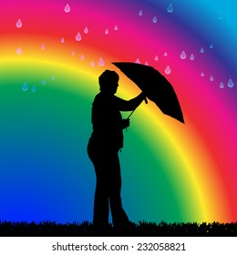 Vector silhouette of a woman in the rain on a rainbow background.