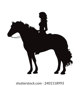 Vector silhouette of woman riding her horse on white background. Symbol of animal and horse riding.