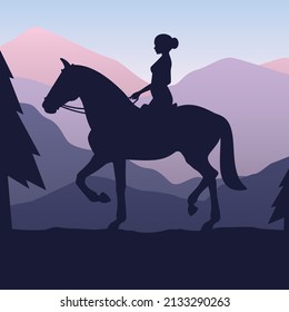 Vector silhouette of a woman riding a horse through the countryside