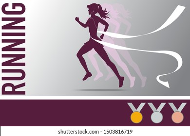 vector of silhouette woman running hit finisher line design for advertise with medal icon and text running