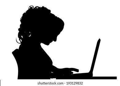 Vector silhouette of a woman sitting at a computer on a white background.