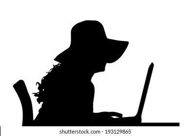 Vector silhouette of a woman sitting at a computer on a white background.