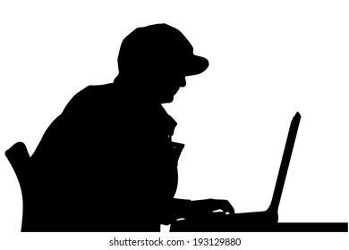 Vector silhouette of a woman sitting at a computer on a white background.
