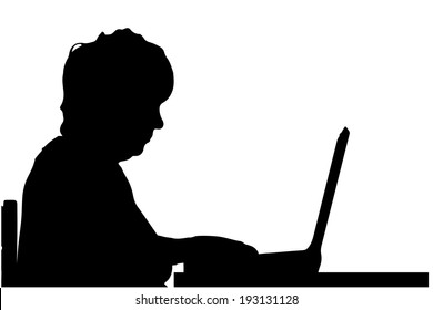 Vector silhouette of a woman sitting at a computer on a white background.