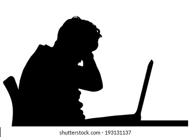 Vector silhouette of a woman sitting at a computer on a white background.