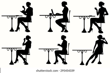 Vector silhouette of Woman Sitting At The Table. Woman having coffee / tea and using a laptop / book 2