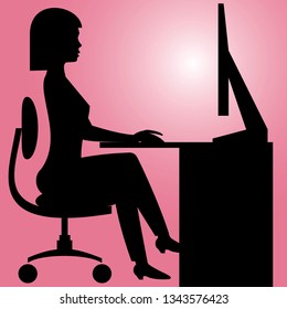 vector silhouette of a woman sitting working at the computer with color background