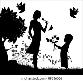 Vector Silhouette Woman Small Child Flowers Stock Vector (Royalty Free ...