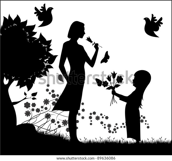 Vector Silhouette Woman Small Child Flowers Stock Vector (Royalty Free ...