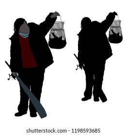 Vector silhouette of a woman spinner fishermen in late autumn in a jacket and pants with fishing tackle and spinning in one hand and with a metal tank with a fish raised up on the other hand