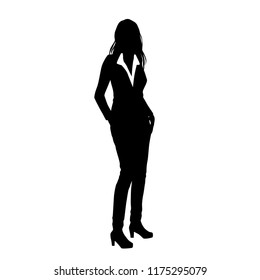 Vector silhouette of woman  standing, business people, black color,  isolated on white background