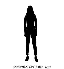 Vector silhouette of woman  standing, business people, black color,  isolated on white background