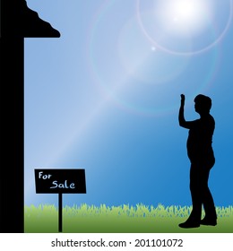 Vector silhouette of a woman standing in front of the house.