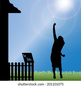 Vector silhouette of a woman standing in front of the house.