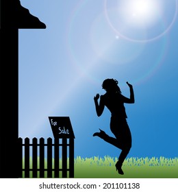 Vector silhouette of a woman standing in front of the house.